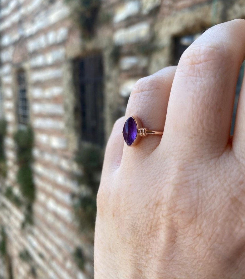 Doğal Ametist Taşlı Mekik Gümüş Yüzük