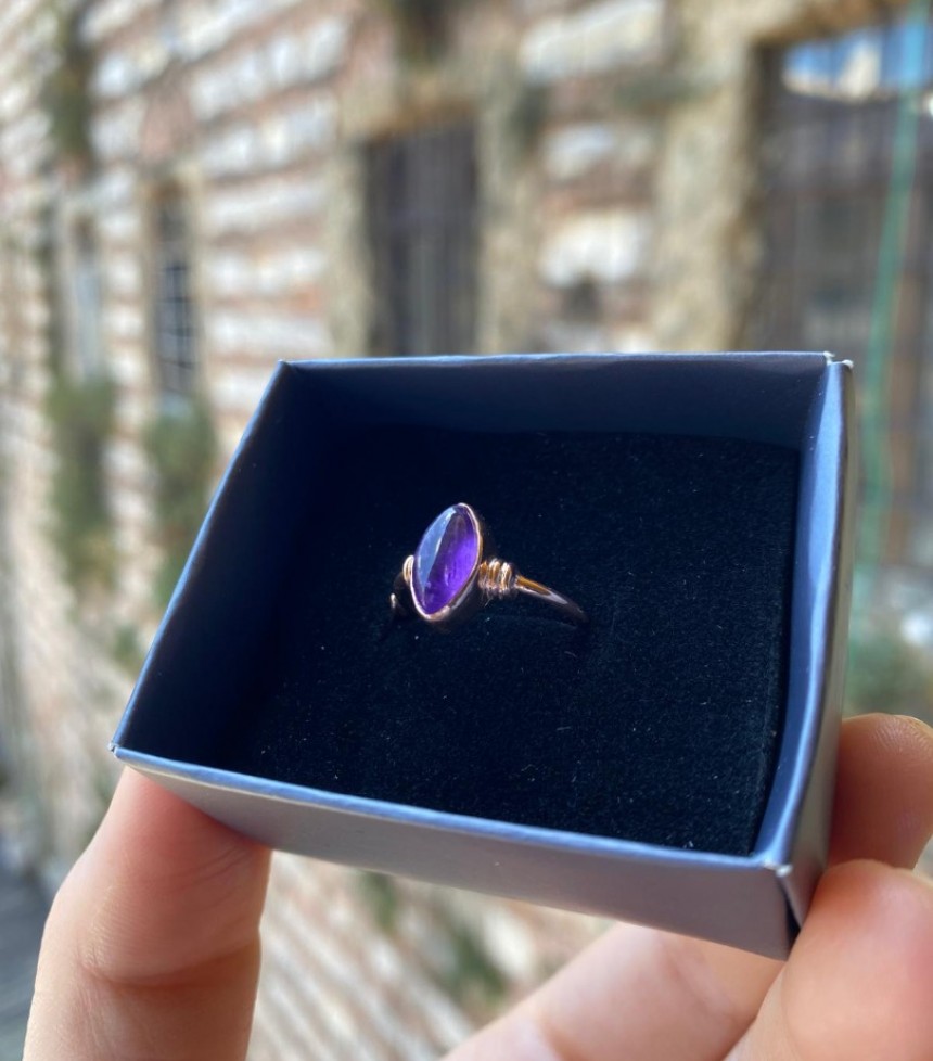 Doğal Ametist Taşlı Mekik Gümüş Yüzük