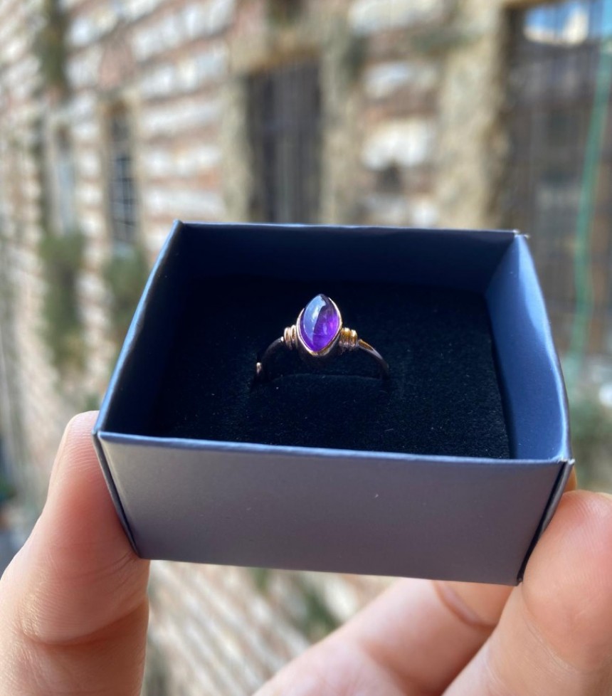 Doğal Ametist Taşlı Mekik Gümüş Yüzük